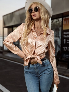 Champagne satin shirt with geometric grid texture, neck tie design, and front waist knot