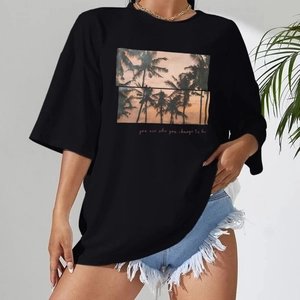 Women Casual Oversized Black T-Shirt Cotton Blend Round Neck Palm Tree Sunset Graphic Print Loose Short Sleeve Streetwear Top