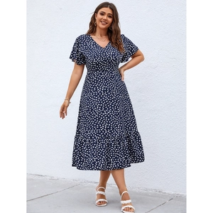 Women Plus Size Retro V Neck Floral Dress Short Sleeve Ruffle Hem Elegant A Line Mid Length Summer Vacation Beach Casual Dress