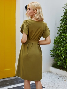 Back view of army green midi dress featuring ruffled sleeves and a waist tie belt