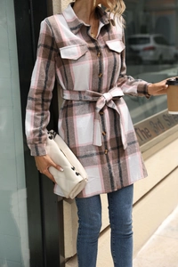 Elegant plaid long sleeve belted shacket with breast pockets in pink and brown tones