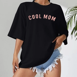 T-Shirt Femme Décontracté Noir Mélange de Coton Cool Mom Impression Lettres Oversize Col Rond Manches Courtes Streetwear Fashion Top
