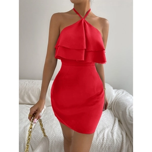 Detail of red halter neck dress featuring double-layered ruffles and slim bodycon fit