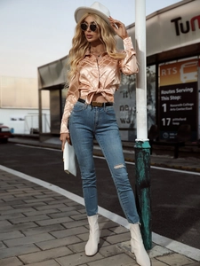 Champagne satin blouse with geometric patterns and front tie knot for women