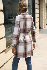 Women's pink and brown plaid long-sleeved coat with waist belt and elegant striped pattern