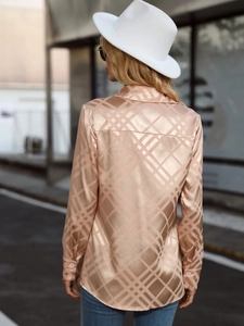 Elegant champagne gold satin blouse with diamond pattern and stylish ruffles for women