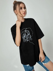 Women's black loose casual t-shirt with minimalist white line art face print and round neck