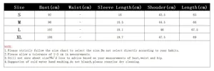 Size chart for women's cotton t-shirt with detailed measurements in centimeters