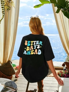 Women's oversize black cotton T-shirt with vintage colorful slogan print Better Days Ahead