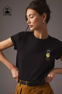 Women's 100% cotton black T-shirt with three melting smiley face prints in casual style