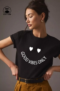 T-shirt Décontracté Femme 100% Coton Manches Courtes Col Rond Good Vibes Only Imprimé Graphique Cœur Noir Top Été