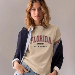 Women Casual Short Sleeve T-Shirt American Vintage Florida 1989 Graphic Print Round Neck Cotton Blend Khaki Tee Top