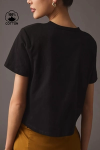 Women's 100% cotton black t-shirt with smiley print, stylish casual round neck minimalist top