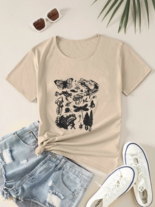 Women's casual khaki t-shirt with retro butterfly and nature print flat lay outfit