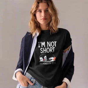 T-Shirt Décontracté en Mélange de Coton pour Femmes Col Rond Manches Courtes Noir Top Imprimé Pingouin et Lettres Streetwear Été