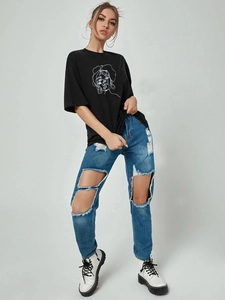 Women casual black crewneck t-shirt with white abstract line art face print