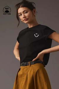 Women's black 100% cotton T-shirt featuring a stylish white smiley face print and crew neck