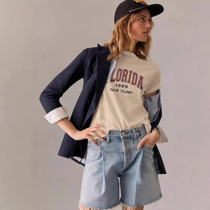 Women's beige crew neck cotton T-shirt featuring retro Florida 1989 letter print
