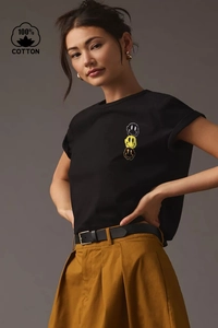 Women's 100% Cotton Round Neck Short Sleeve T-Shirt Fashion Melting Smiley Face Graphic Print Casual Summer Top