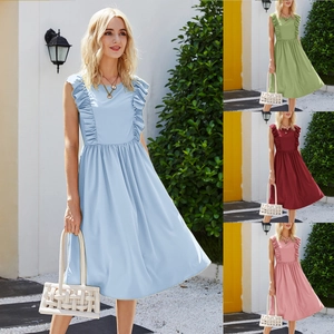 Women Sleeveless Ruffle Dress Summer Retro Round Neck A-Line Midi Beach Sun Dress Solid Color Casual Elegant Party Wear