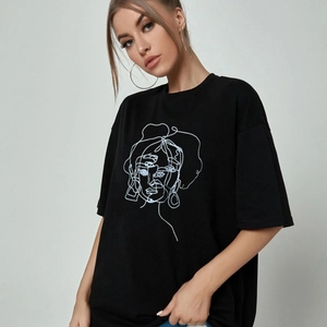 Women Casual Black T-Shirt Loose Oversized Short Sleeve Top With Abstract Face Line Art Print Streetwear Cotton Blend Tee