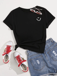 Women's cotton black t-shirt with smile print and stylish front knot flat lay style