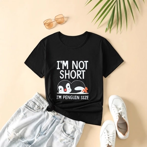 T-shirt noir col rond pour femme avec imprimé pingouin et texte humoristique