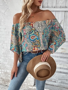 Women Bohemian Off-The-Shoulder Top Paisley Print Ethnic Style V-Neck Short Sleeve Casual Loose Summer Vacation Blouse