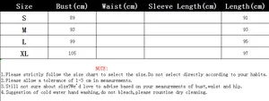Detailed size chart for V-neck dress including bust and length measurements from S to XL