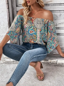 Women's off-the-shoulder bohemian paisley print top with short flare sleeves for summer