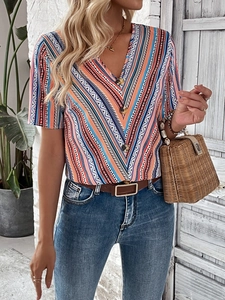 Women's Bohemian V Neck Short Sleeve Shirt Ethnic Geometric Stripe Print Casual Summer Vacation Top Blouse For Lady