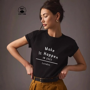 Women Casual Black Cotton Short Sleeve T-Shirt With London Letter Print Round Neck Summer Basic Top