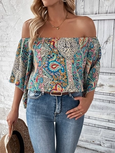 Women's vintage paisley off-shoulder top with ethnic prints for a bohemian summer look
