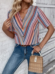 Bohemian V-neck short sleeve shirt with colorful geometric stripes and wood buttons