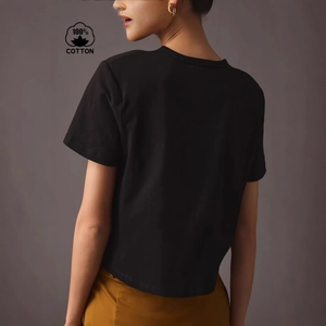 Back view of black slim fit 100% cotton women's T-shirt with casual letter print