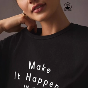 Women black crew neck cotton t-shirt with Make It Happen graphic print in minimalist style