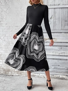 Women's chic geometric striped patchwork dress with slim long sleeves and mock neck