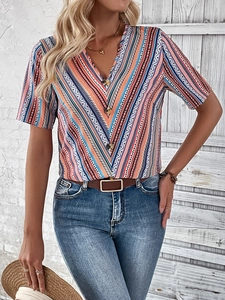 Women's V-neck short sleeve top with bohemian geometric stripes and button detail