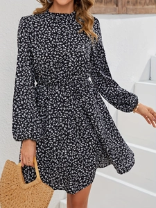 Detail showing the floral print texture, ruffled high neck and elastic waist of the dress