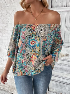 Bohemian paisley print off-shoulder top for women with vibrant ethnic patterns and long sleeves