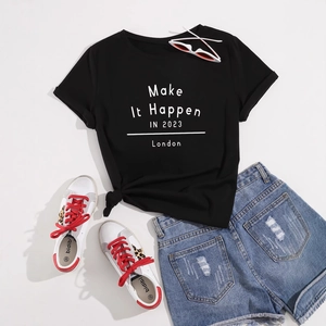 Black cotton t-shirt with London print and side knot paired with denim shorts
