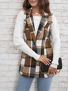Women plaid lapel vest coat with classic brown check pattern and sleek straight cut