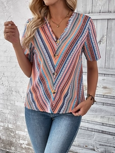 Women's V-neck short sleeve shirt featuring bohemian geometric stripe print and buttons
