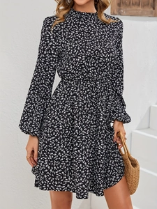 Floral long sleeve A-line dress with ruffle stand collar and elastic waist in black