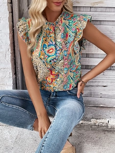 Women's vintage ethnic floral paisley sleeveless top with boho ruffle trim and high collar
