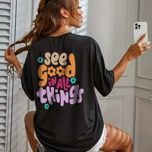 T-shirt Oversize pour Femmes avec Imprimé Graphique See Good In All Things Lettre Col Rond Manches Courtes Streetwear Haut Ample