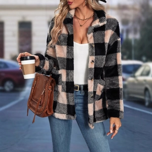 Women Plaid Flannel Shacket Button Down Long Sleeve Lapel Jacket Plush Faux Fur Fleece Outwear Casual Winter Coat
