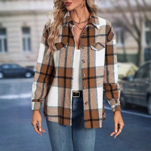 Women's Plaid Button Down Shirt Jacket Long Sleeve Lapel Checkered Shacket Outerwear With Pockets Casual Fashion Khaki