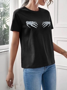 Women's black crew neck t-shirt with white skeleton hand print for casual sports style