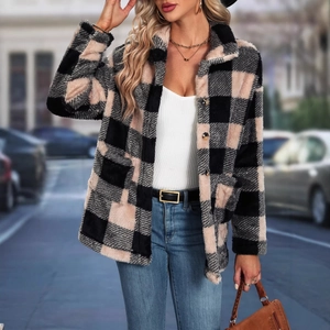 Women's pink and black plaid faux fur jacket with lapel collar and button closure
